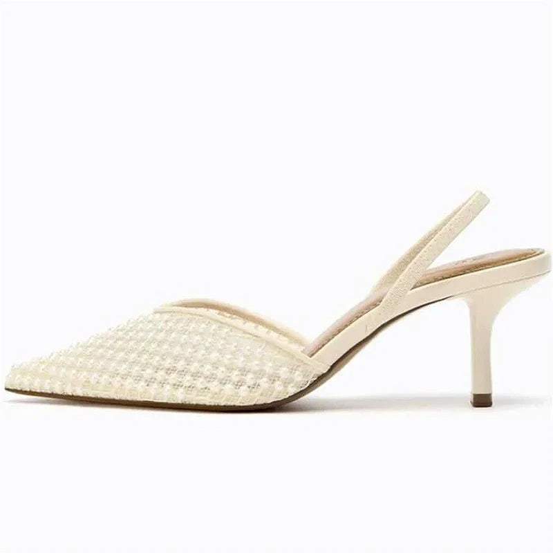 Mesh String Bead Brand Sandals Women Pumps Pointed Toe Elegant Slingback High Heels Female Designer Banquet Wedding Dress Shoes