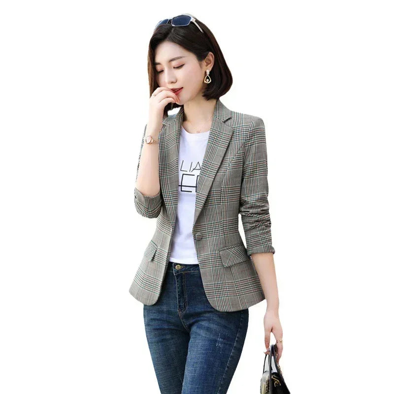 Gray Striped Plaid Blazer Jacket Women's Fashion Slim Coats V-Neck Single Button Ladies Blazers S-XXXXXL