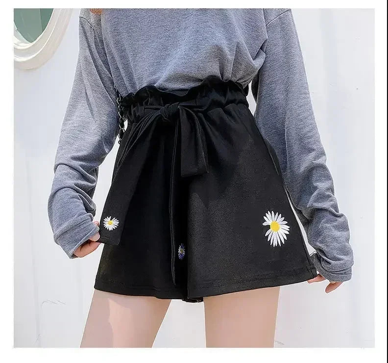 Summer Lightweight Black Casual Sports Pants Women Student Loose High-Waist Wide-Leg Shorts