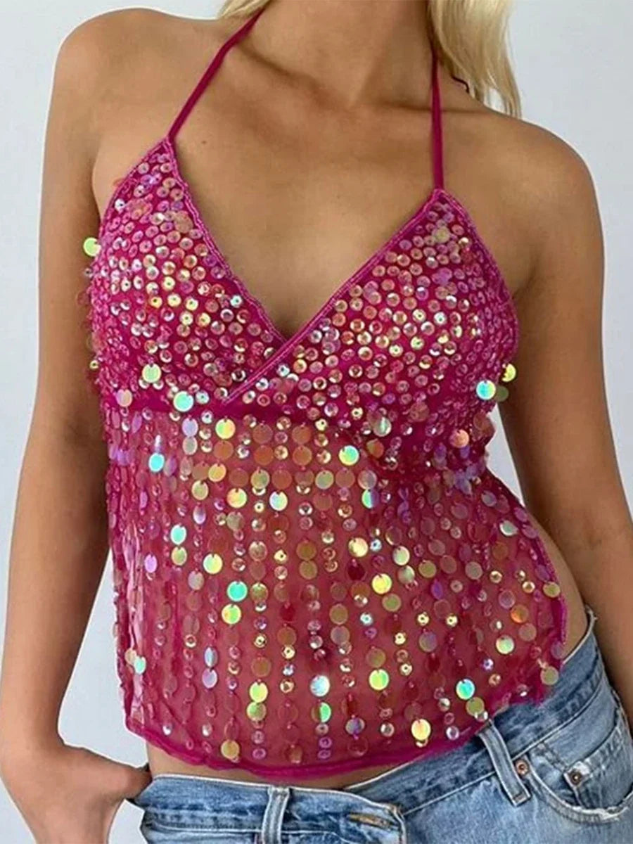 Women's Solid Color Halter Neck Crop Tops Summer Sleeveless V neck Open Back Slim Fit Tie Up Sequins Camis Tops