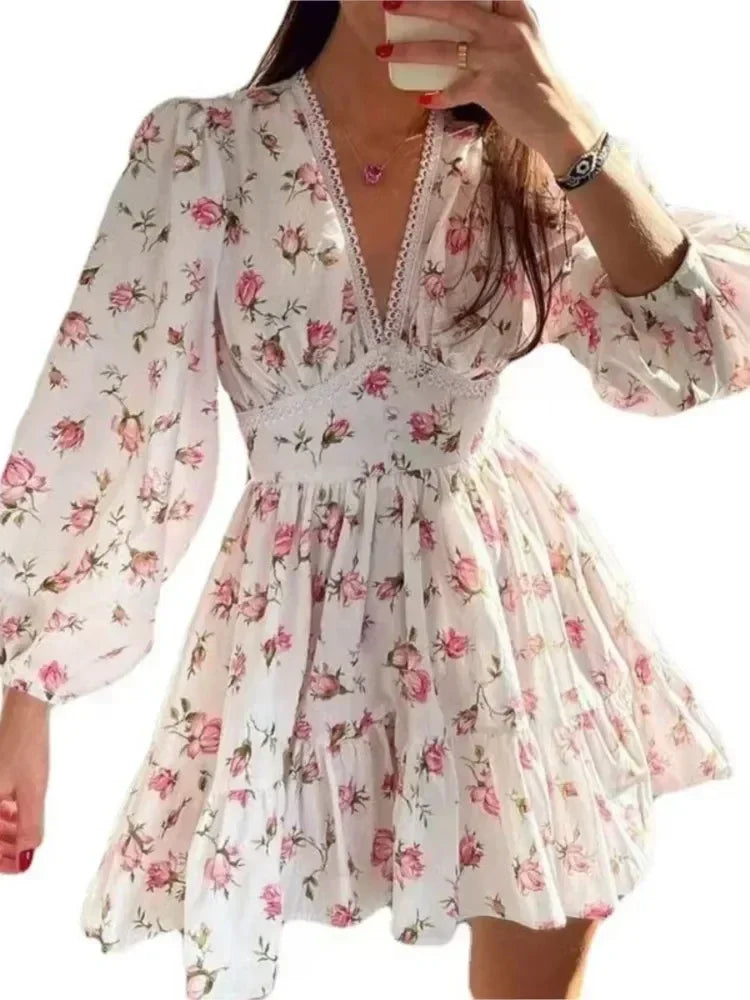 Spring Women's New Temperament Sweet Fashion Print Sexy V-neck Lace Lantern Sleeves High Waist Short A-line Dress