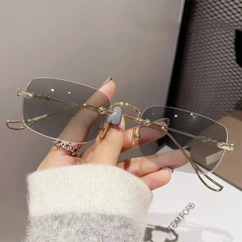 New Fashion Photochromic Myopia Glasses Vintage Rimless Square Women Men Anti Blue Light UV Sunglasses Optical Diopter Eyewear