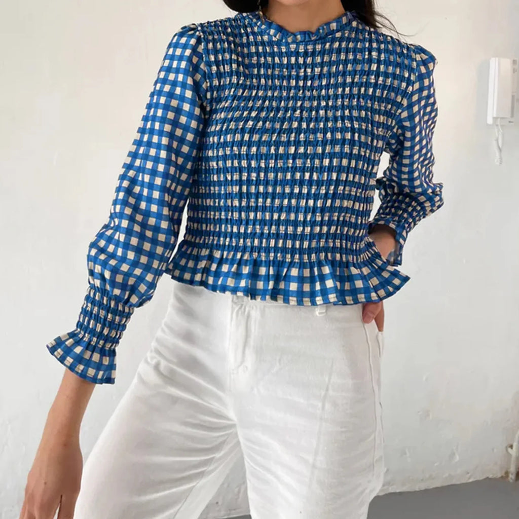 Women Fashionable Casual Round Neck Smocked Bubble 3/4 Sleeve Tops Summer Fall Plaid Print Ruffled T-shirts