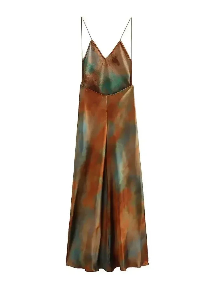 2025 Summer New Women's Open Back Sleeveless Dress Fashion Satin Mid Length Dress Printed Sexy V Neck Sling Dress
