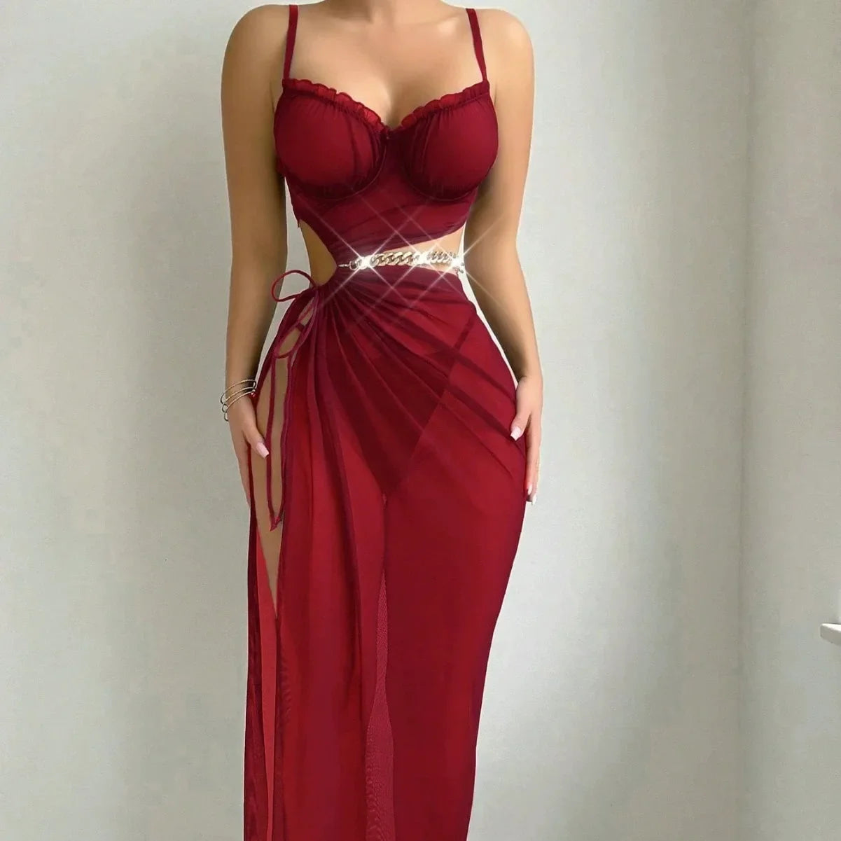 Women Exotic Babydoll Mesh Lingerie Dresses Sexy See Through Sheer Drawstring Split Nightgown Thong Set Naughty Sleepwear