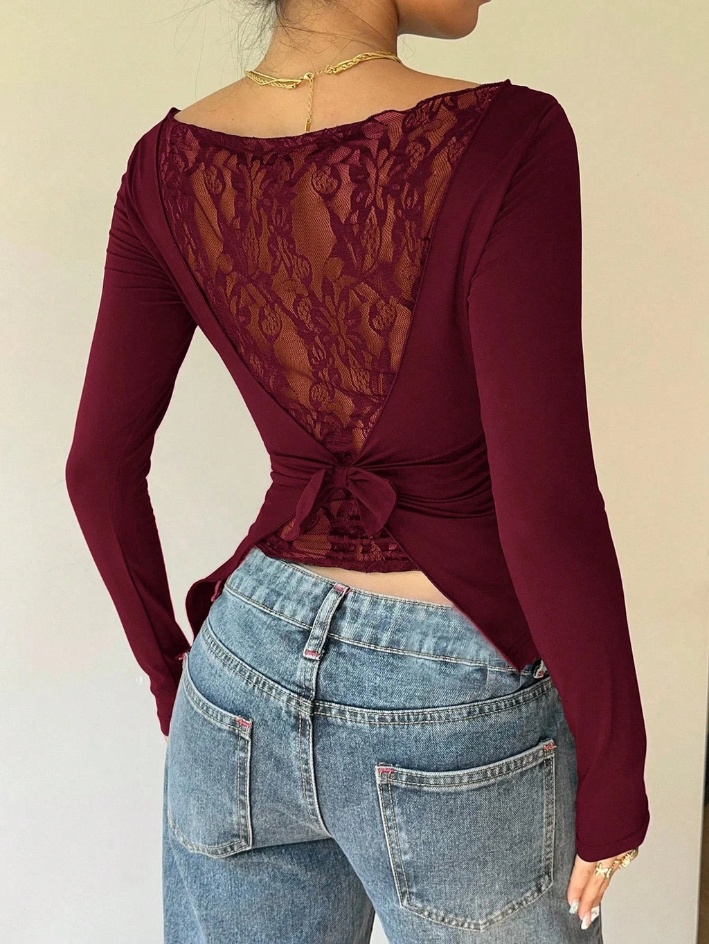 Women's Elegant Lace Patchwork Bow Decorate Long Sleeve T-Shirt Casual Asymmetry Hem Slim Fit Boat Collar Pleating Tops 2026