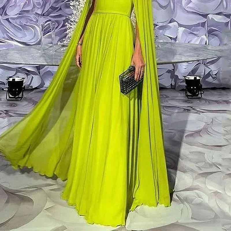 Wefads Maxi Dress Women Elegant Fashion Solid Cape Long Sleeve Square Neck Nipped Waist Backless Evening Party Dress Streetwear