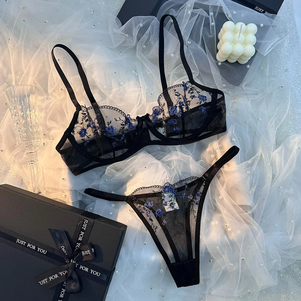 Ladies Classic Black Blue Floral Print Ultra-Thin Bra And Panties Set Elegant Underwear Combo for Women
