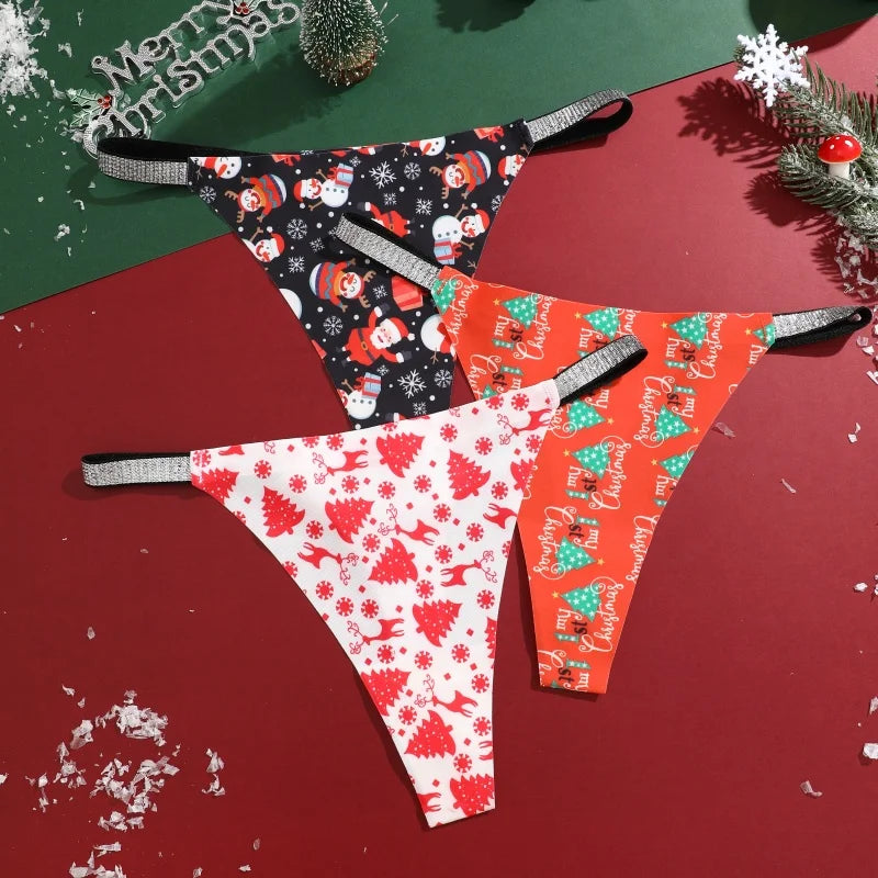 4Pcs Christmas Print Underwear Breathable Shiny Belt Thong Women Skin-friendly Fashionable Casual Christmas Gifts