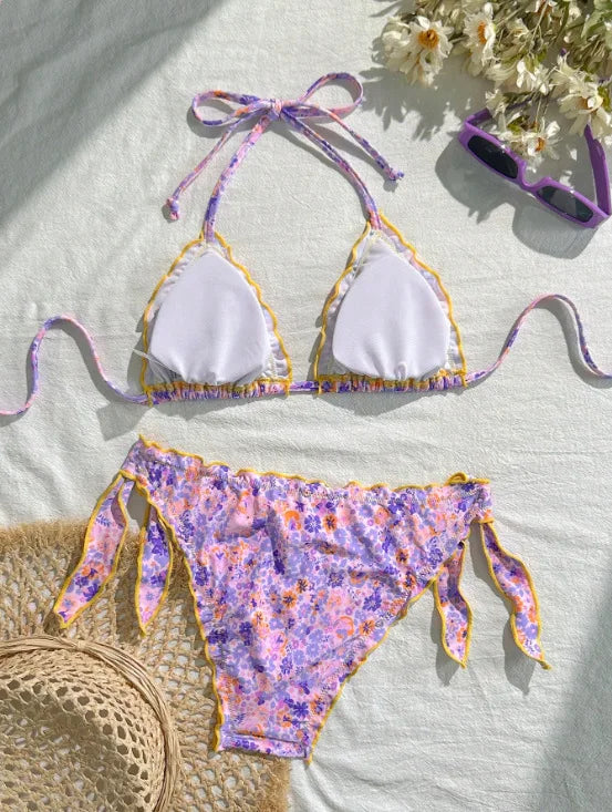 Cute Orange Floral Print Bikini Set Women Halter Ruffles Push Up Tie Side Thong Swimsuit 2026 Summer Bathing Suit Micro Swimwear