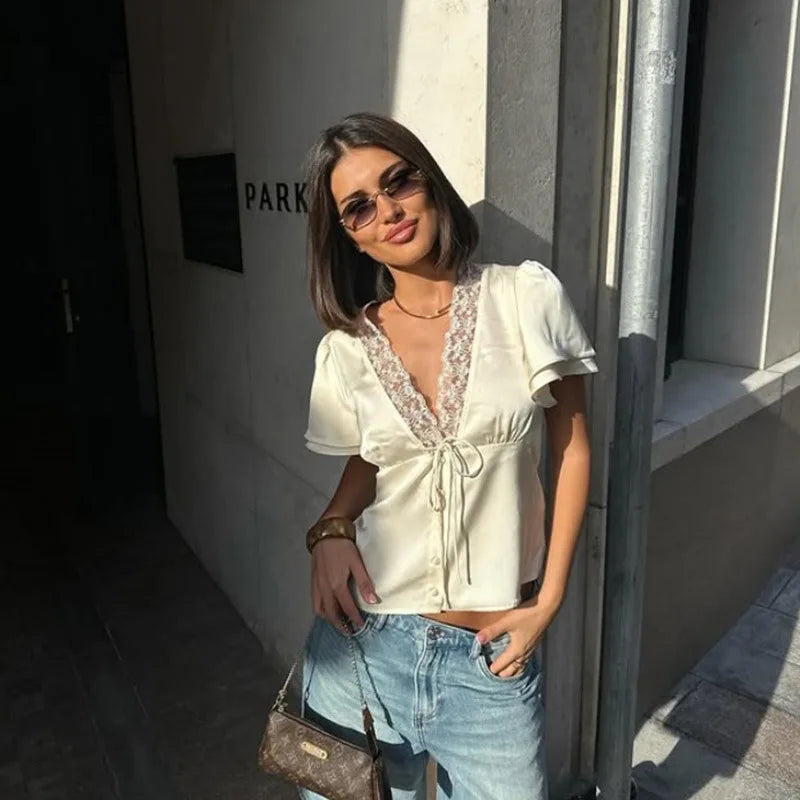 Lace Patchwork Solid Short Sleeve Tops for Women V Neck Lace Splicing Straps Skinny T-shirt Female Elegant Casual Slim Fit Tees