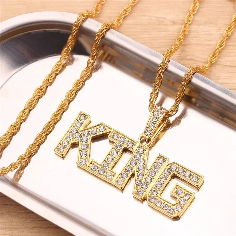 Men Hip Hop Full Rhinestone King Queen Pendants Necklaces Bling Bling Iced Out Cuban Link Chain Hiphop Necklace Men Jewelry Gift
