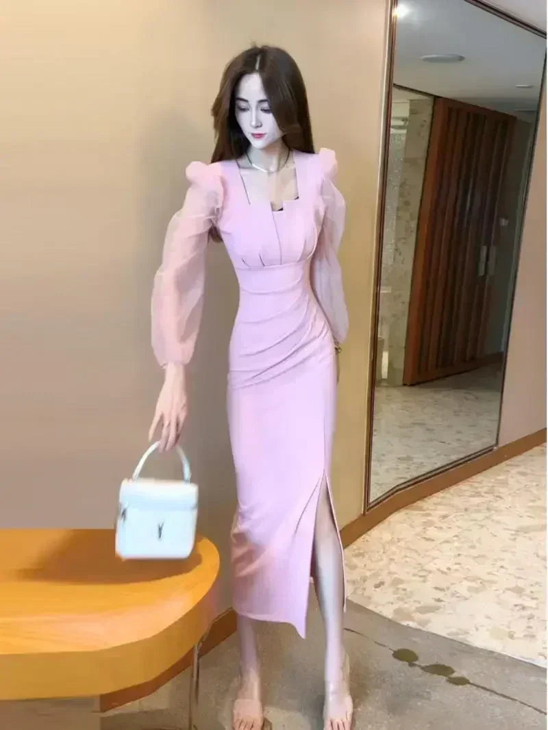 Gentle Temperament Slim Fit Dress with Women's Sleeves Square Neckline Pleated Solid Color Slimming Effect Medium Length Skirt