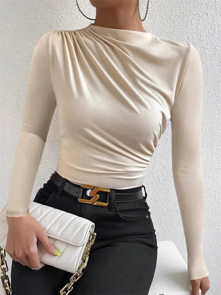 Casual Pleated Mock Neck Long Sleeve T-shirt for Women Autumn Winter Spring Solid Color Ruched Skinny Slim Fit Blouse Top Tshirt