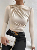 Casual Pleated Mock Neck Long Sleeve T-shirt for Women Autumn Winter Spring Solid Color Ruched Skinny Slim Fit Blouse Top Tshirt