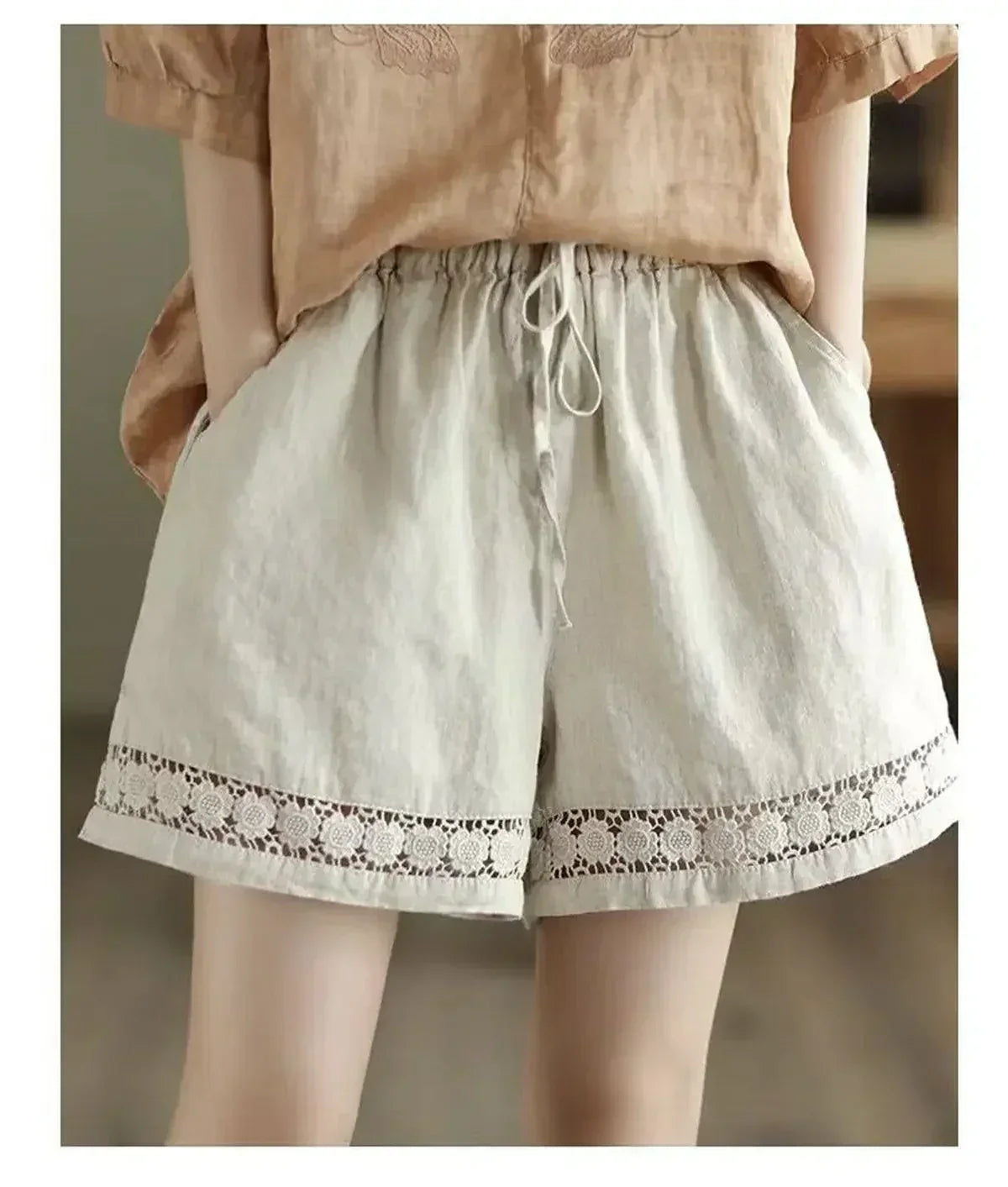 Cotton Linen Vintage High-Waist Elastic New Style Tie-Belt Embroidered Hollow Casual Straight Shorts