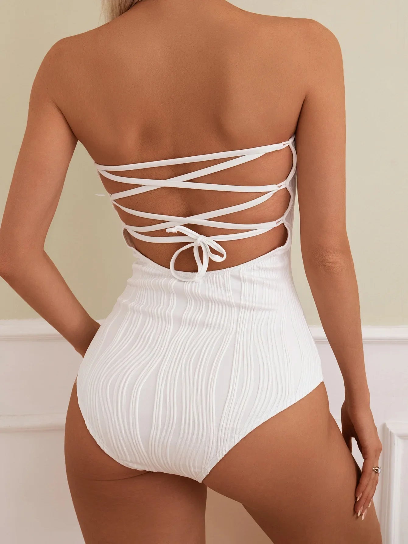 Sexy Bandeau Swimwear Women 2025 White Hollow Bandage Cross Drawstring One Piece Swimsuit Beach Bathing Suit Holiday Monokini