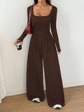 Women's Casual Solid Color Square Neck Long Sleeve A-Line Jumpsuit Pleating Wide Leg Loose Mopping Jumpsuit Spring/Fall 2026