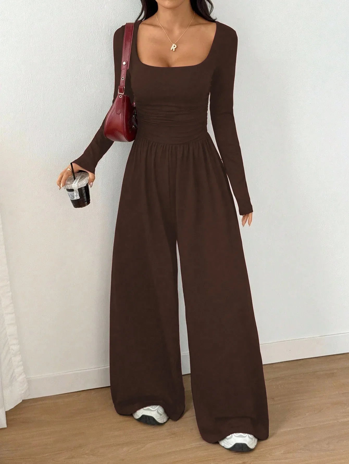 Women's Casual Solid Color Square Neck Long Sleeve A-Line Jumpsuit Pleating Wide Leg Loose Mopping Jumpsuit Spring/Fall 2026