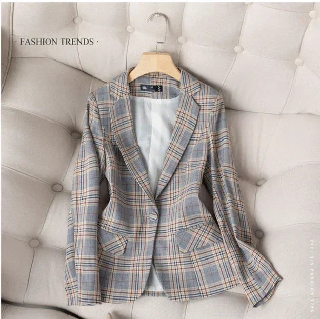 Gray Striped Plaid Blazer Jacket Women's Fashion Slim Coats V-Neck Single Button Ladies Blazers S-XXXXXL