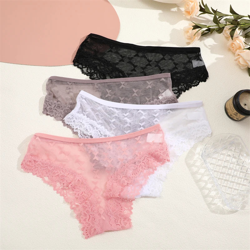 4PCS Lace Bikini Briefs Panties Women's Transparent Lingerie Sexy Female Underpants Floral Lace Perspective Waist Band Briefs