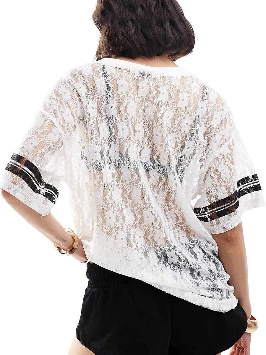 Women Summer Lace Football T-Shirt Casual Number Print See-Through V-Neck Short Sleeve Basic Tops for Streetwear