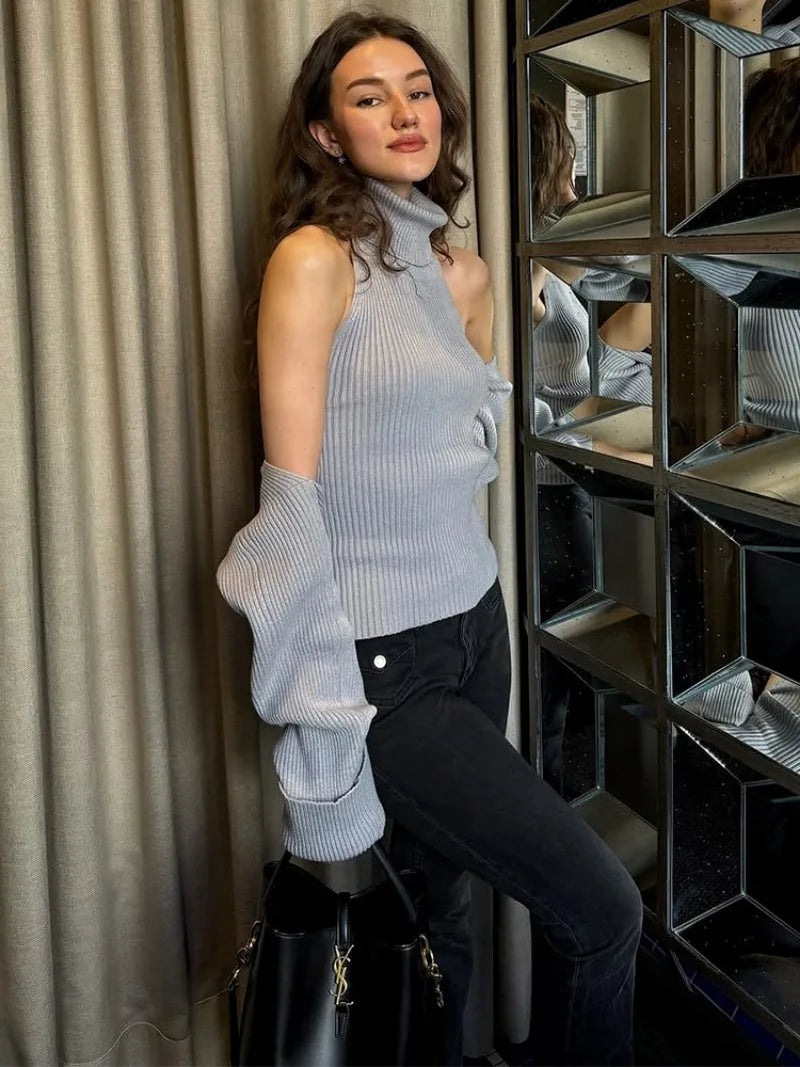 Trendix Knit Tank Top Sets For Women Fashion High Neck Vest And Long Sleeve Shawl 2 Piece Suits Sexy Backless Knitwear Top Femme