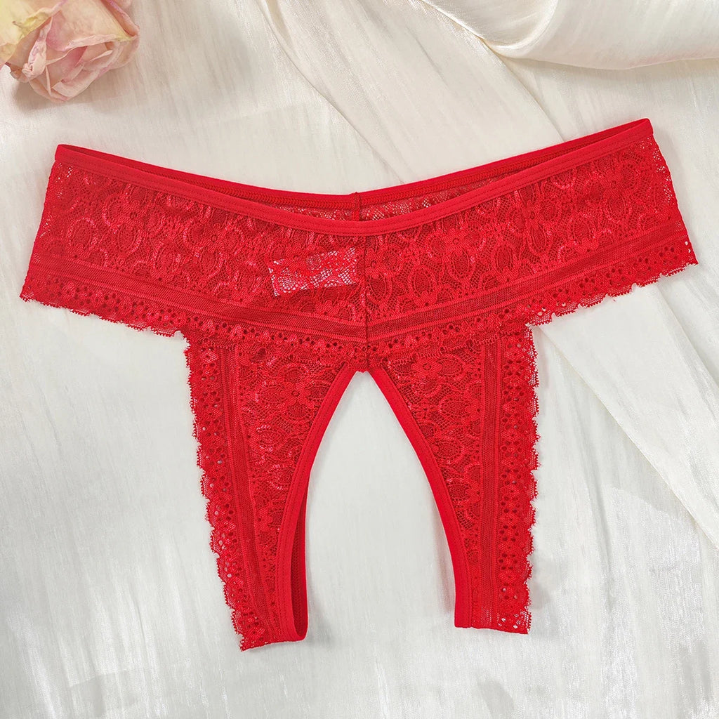 1pcs Women's Sexy Red Lace Open Crotch Thong Panties Floral Lace See Through Low Rise Intimate Lingerie for Ladies Nightwear