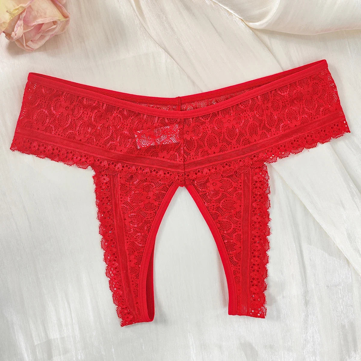 1pcs Women's Sexy Red Lace Open Crotch Thong Panties Floral Lace See Through Low Rise Intimate Lingerie for Ladies Nightwear