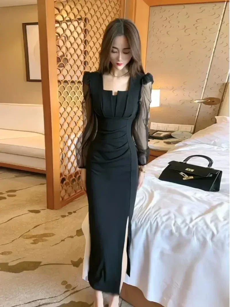 Gentle Temperament Slim Fit Dress with Women's Sleeves Square Neckline Pleated Solid Color Slimming Effect Medium Length Skirt