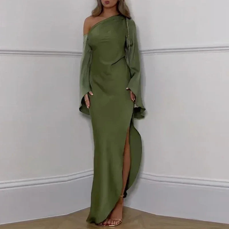 Sexy Oblique Shoulder Solid Irregular Dress Women Elegant Skew Collar Backless Long Dress Autumn Flare Sleeve Slit Party Dresses