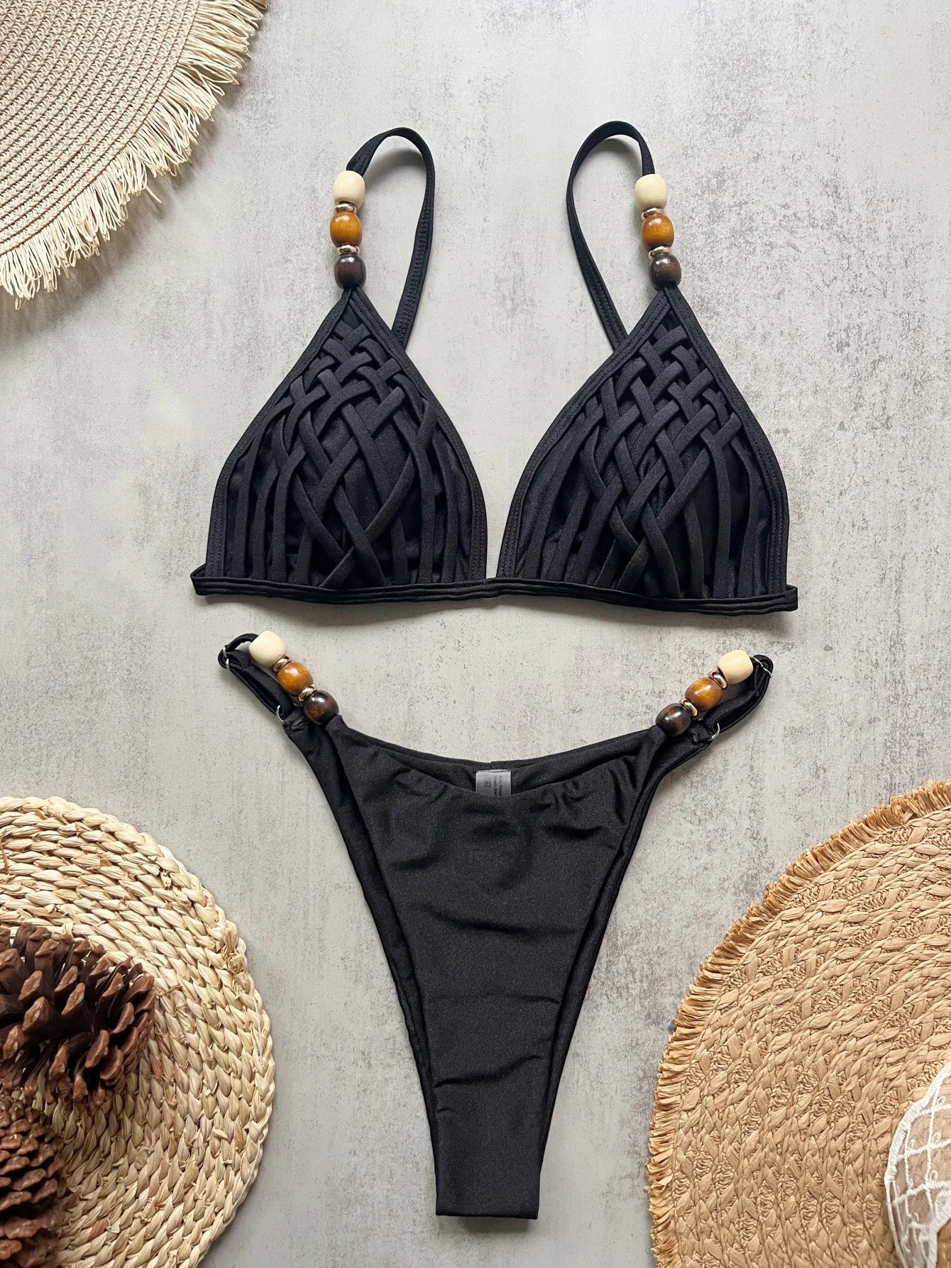 Sexy Brown Bikini Set 2026 Women Pearls Strap Hole Out Push Up Bra Thong Swimsuit Brazilian Beach Bathing Suit Micro Swimwear