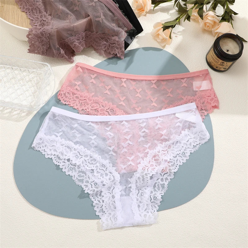 1PCS Bikini Lace Briefs Panties Women's Transparent Lingerie Sexy Female Underpants Floral Lace Perspective Waist Band Briefs