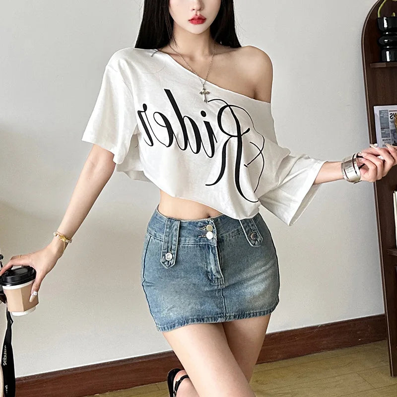 Letter Print Oversized Tees Women Skew Collar Off Shoulders Short Sleeves T-shirt Irregular Hem Hip-hop Style Trend Crop Tops