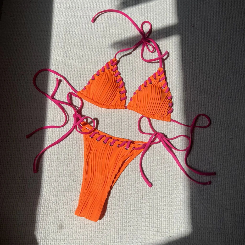 Sexy Micro Bikini 2025 Women Beige Brown Pink Weave Bandage Cross Crochet Swimsuit Brazilian Beach Bathing Suit Thong Swimwear