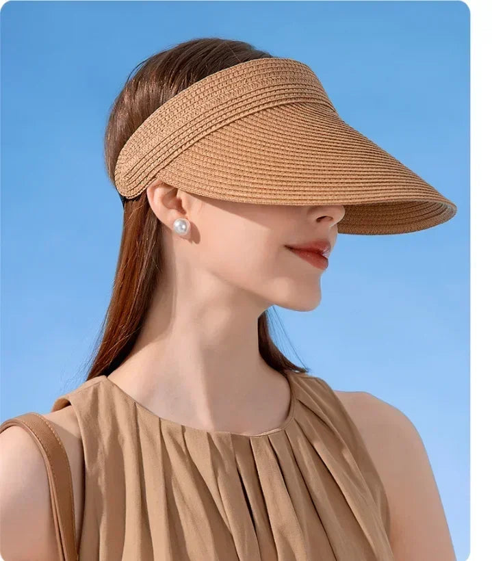 Spring and Summer Women's Outdoor Sunshade  Straw Hat Fashion Empty Top  Duck Tongue Hat Big Brim Cap G37