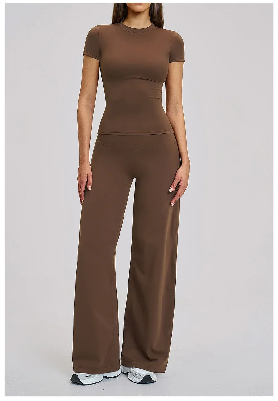 Yoga Set 2 Pieces Women Fitness Sportswear Gym Loose wide-leg pants Long-sleeved T-shirt Sports Crop Tops Tracksuit Workout Wear