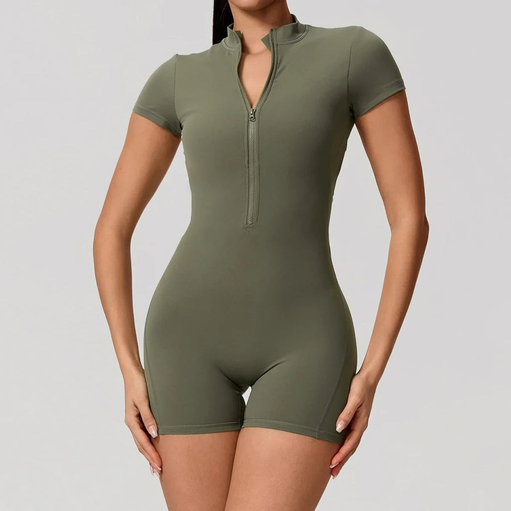 Hearuisavy Summer Women's Short Sleeved Sports Overalls Running Yoga Jumpsuit High Stretch Push Up Fitness Bodysuit With Zipper