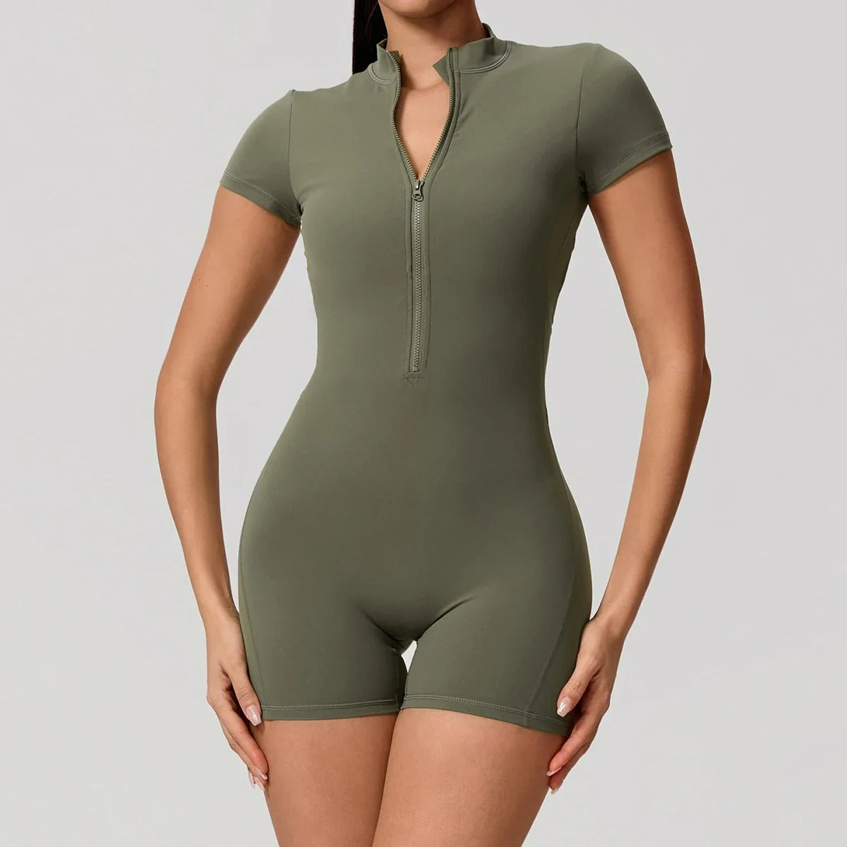 Hearuisavy Summer Women's Short Sleeved Sports Overalls Running Yoga Jumpsuit High Stretch Push Up Fitness Bodysuit With Zipper