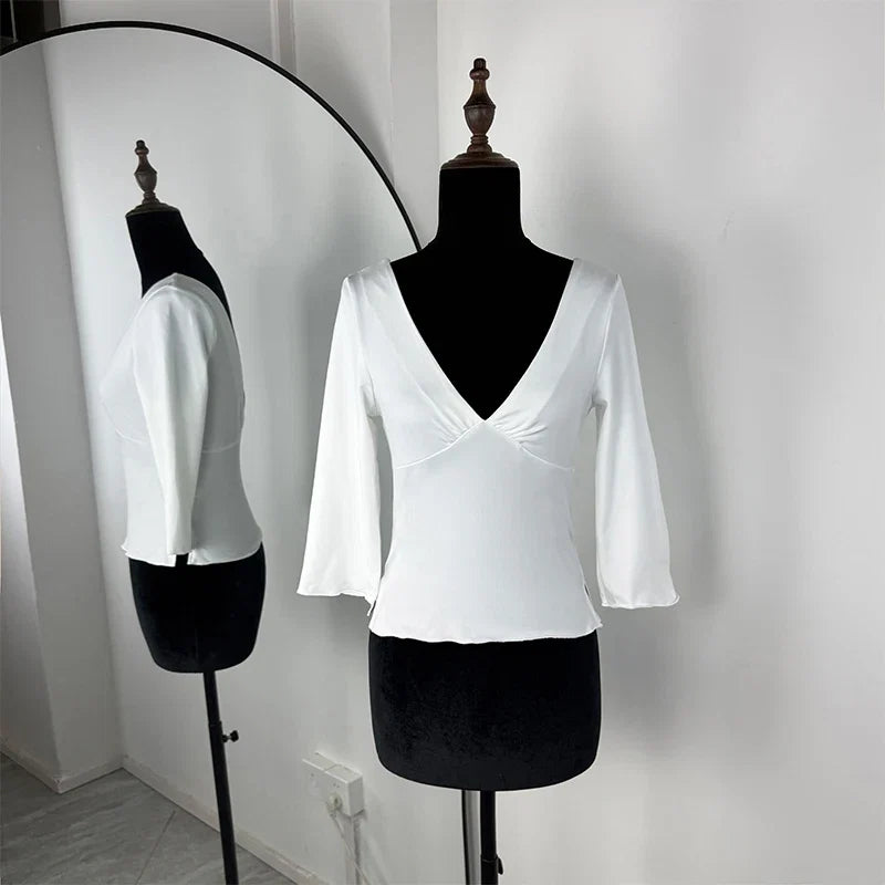 Trendix V Neck Slim Long Sleeve Tops Women 2026 Spring Casual Vintage Bodycon Pullover Top Party Retro Office Basic Backless Top