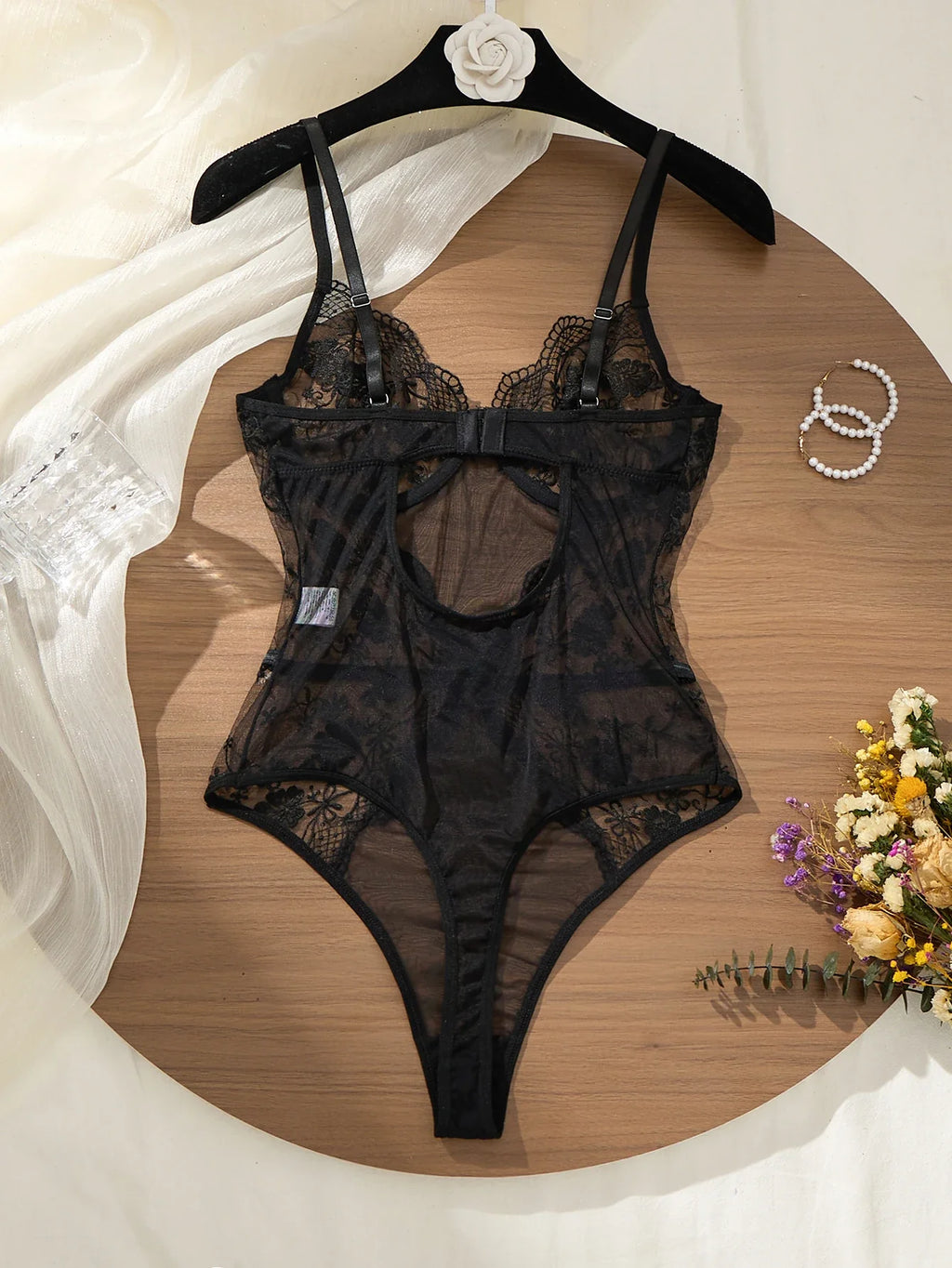 Black Lace Bodysuit with Floral Embroidery Sexy High-Waist Triangle Panties Strap Design Shapely Cutout to Highlight Women's Cur