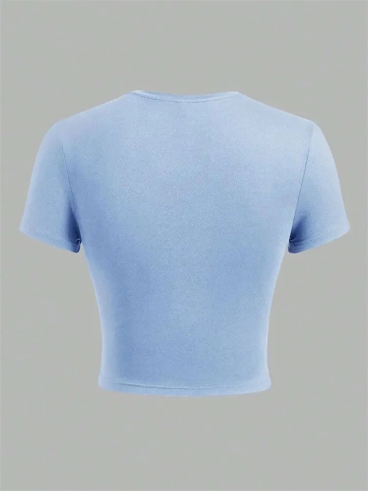 Solid Color Basic Cropped Tshirts for Women Casual Round Neck Short Sleeve Crop Top Summer Slim Fit Tee Shirt Streetwear