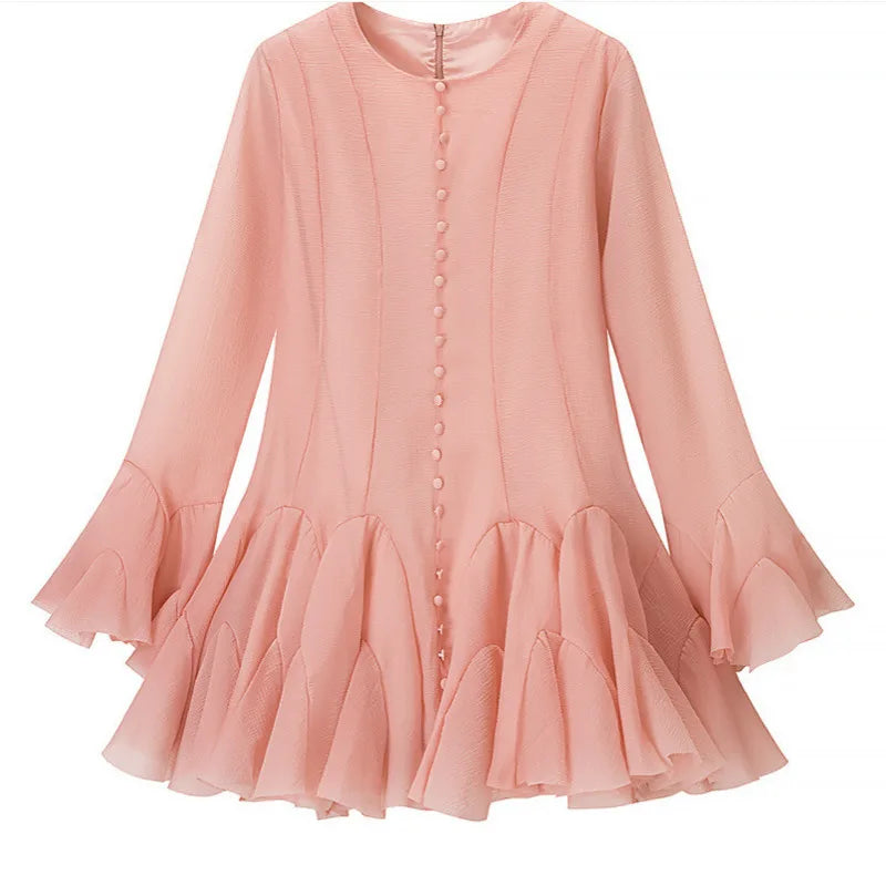 Women's Fashion Ruffled Hem Patchwork Short Dress Blush Pink Ruffled Mini Dress For Women Sleeves Front Button Hem Fashion T0PU