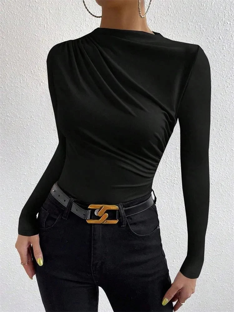 Casual Pleated Mock Neck Long Sleeve T-shirt for Women Autumn Winter Spring Solid Color Ruched Skinny Slim Fit Blouse Top Tshirt