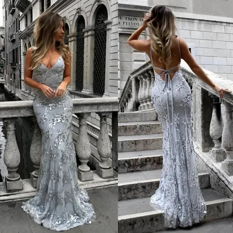 Women Dresses Sleeveless V Neck Pullover Sequins Party Dress Vestidos Formal Floor Length Sexy Wrap Breast Backless Slim