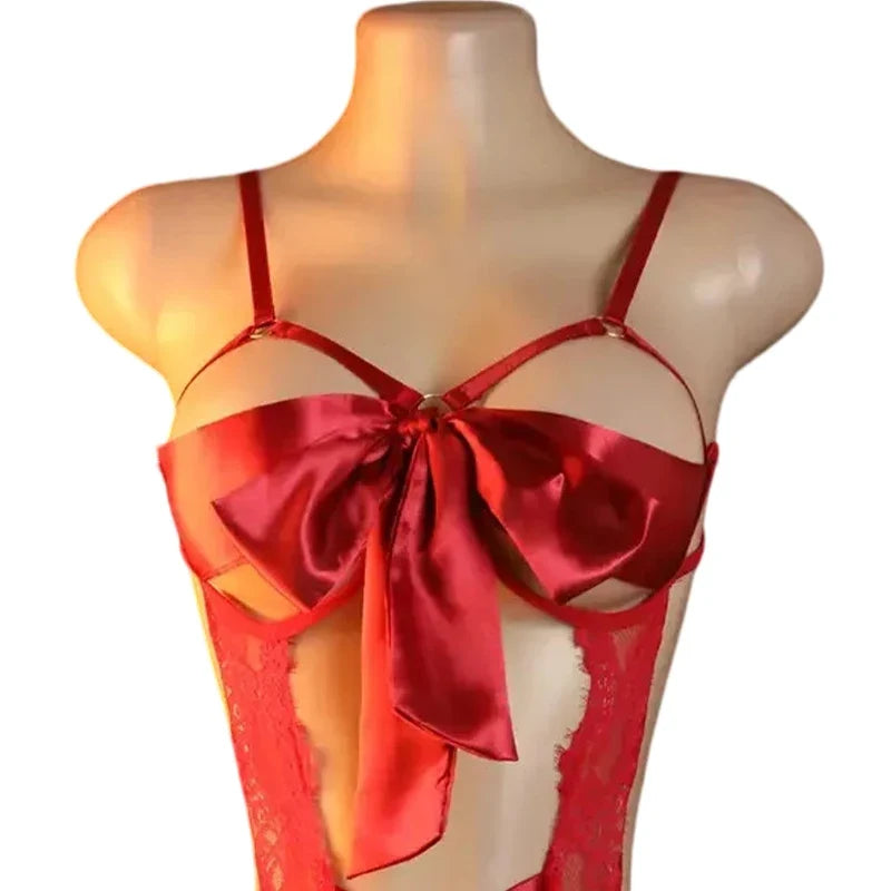 Crotchless Sexy Lingerie For Women Hot Erotic Open Bra Underwear Sexy CostumePerspective Temptation Bodysuit Lace Hollow Bra Set