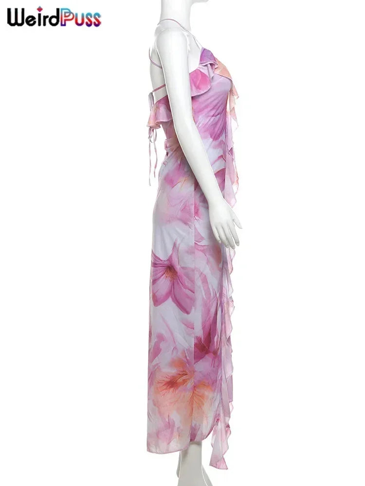 Weird Puss Flower Print Dress Woman Summer Strapless Splits Irregular Tassel Patchwork Backless Bandage Party Skinny Vestidos
