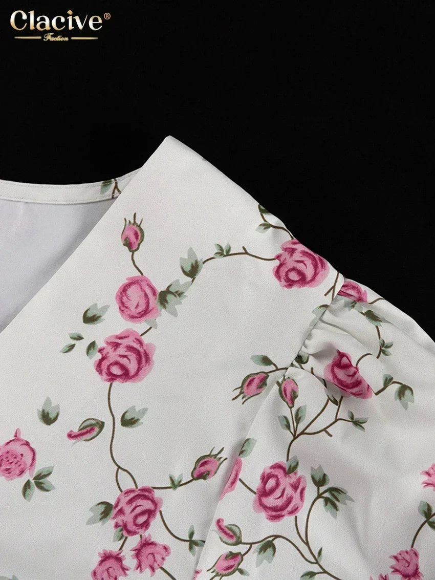 Clacive Summer Slim Print Women's Dress 2024 Sexy V-Neck Short Sleeve Mini Dresses Elegant High Waist Pleated Female Dress