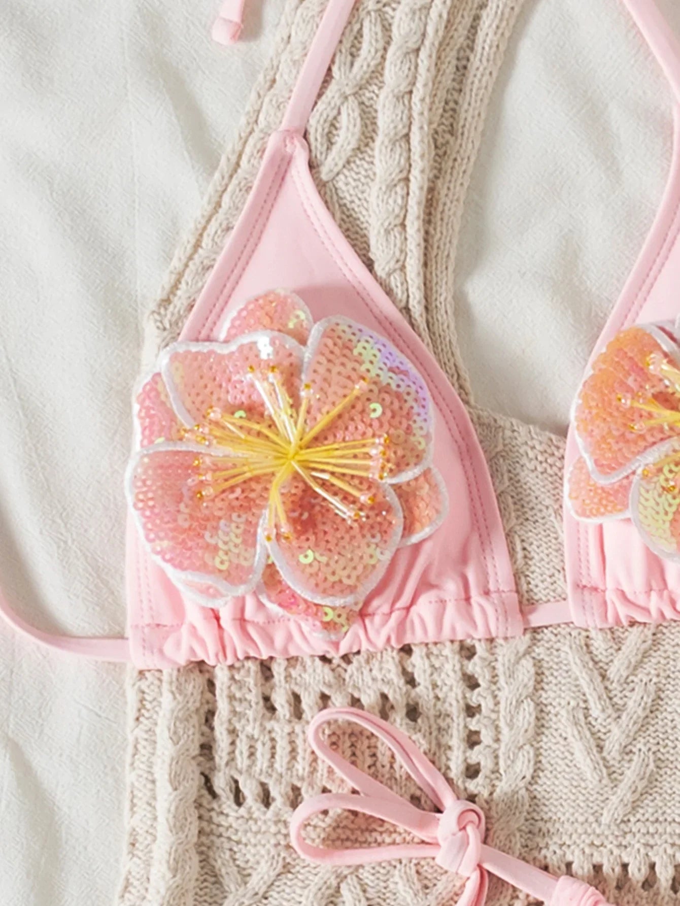 Sexy Pink 3D Floral Bikini Set 2025 Women Halter Push Up Bra Lace Up Swimsuit Beach Bathing Suit Tie Side Thong Swimwear Biquini