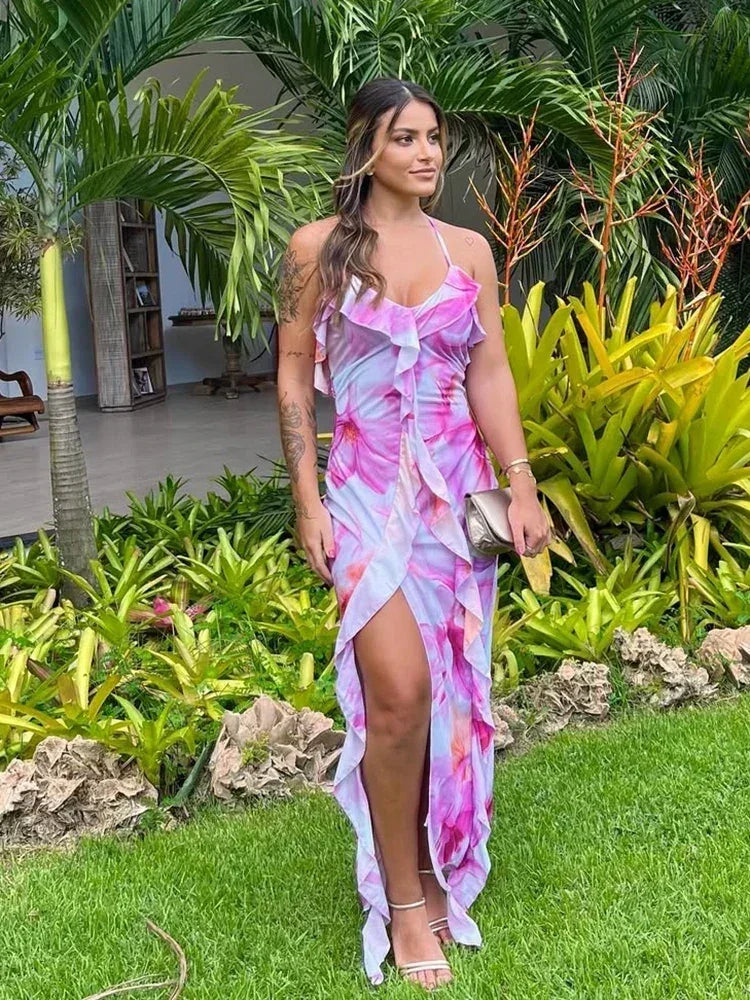 Weird Puss Flower Print Dress Woman Summer Strapless Splits Irregular Tassel Patchwork Backless Bandage Party Skinny Vestidos